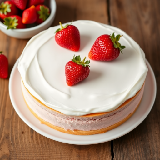 Create an image of a round strawberry cake with a smooth white whipped cream topping and three fresh strawberries on top. The cake has a pink layer visible on the sides and is presented on a white plate. Include a small bowl of strawberries in the background and a rustic wooden table surface.