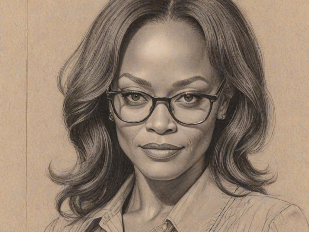 Exquisite Robin Givens, pencil sketch, portrait of Wonderful woman 1926s in glasses, hair style beatnik, outline, clear lines, fine lines, 8k