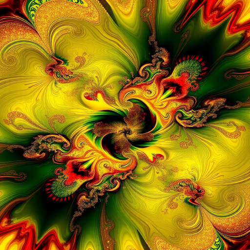 Generate a vibrant fractal design featuring swirling patterns in shades of green, gold, and red with high detail, using a macro lens with f/2.8 aperture, 100mm focal length, 1/125 sec shutter speed, and soft natural lighting.