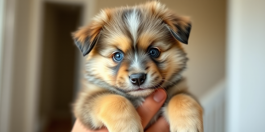 Cute fluffy puppy with blue eyes being held by a person indoors with soft lighting and a neutral background