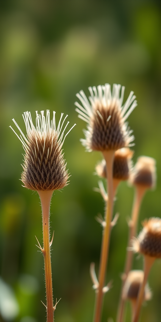 capture a detailed macro shot of dry thistle plants with a shallow depth of field, natural sunlight, using a DSLR camera with a 100mm macro lens, aperture set to f/2.8, shutter speed 1/250 sec, ISO 200, with a soft blurred green background for contrast