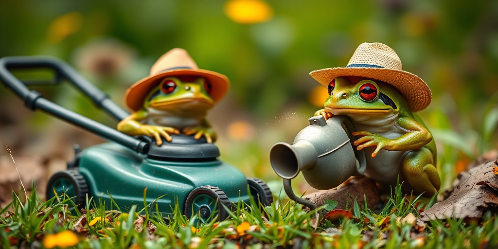 Frogs in hats engaged in gardening activities, using a lawn mower and watering can, natural outdoor setting, camera settings: f/4, ISO 200, shutter speed 1/200s, camera view: macro, camera style: vibrant colors, camera type: DSLR.