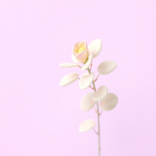 Create an abstract floral illustration with soft pastel colors, showcasing a stylized plant with rounded leaves against a light purple background, captured with a DSLR camera at f/2.8, 1/100 sec, ISO 100, with a shallow depth of field for a soft bokeh effect.