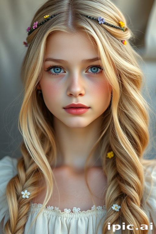 Create an image of a young woman with long, wavy blonde hair, adorned with small, colorful flowers woven into her braids and loose strands. Her complexion is fair, with soft, glowing skin, and she has light blue eyes that gaze softly at the viewer. She wears a light, flowing dress with a gentle, ethereal quality, complementing her delicate and serene appearance. The background is slightly blurred, drawing focus to her tranquil expression and the intricate details of the flowers in her hair. The overall mood of the image is one of natural beauty and grace, evoking a sense of peacefulness and connection with nature.