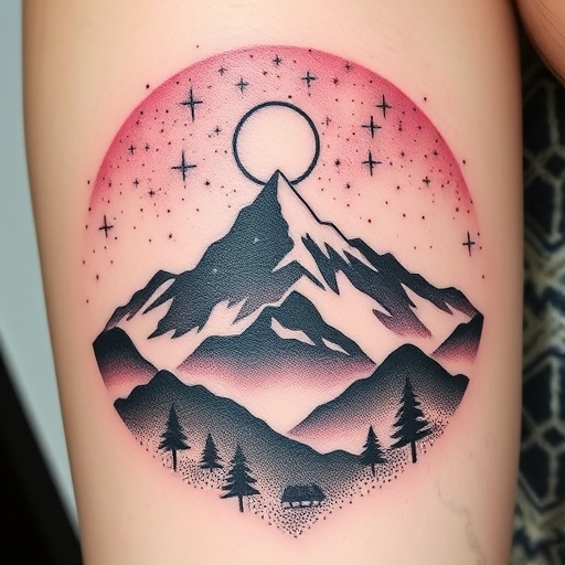 Dotwork landscape tattoo called "Celestial Terrain" using thousands of tiny dots to create a dreamy mountainscape merging with a starry night sky and cosmic elements