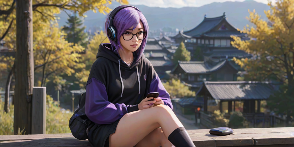 masterpiece, best quality, 1girl, raiden shogun, purple hair, sidelocks, purple eyes, glasses, bespectacled, headphones, hair ornament, purple hoodie, hood down, drawstring, long sleeves, necklace, jewelry, bag, pleated skirt, black skirt, contemporary, casual, sitting, outdoors, holding handheld game console, nintendo switch, playing games, intense, looking down,