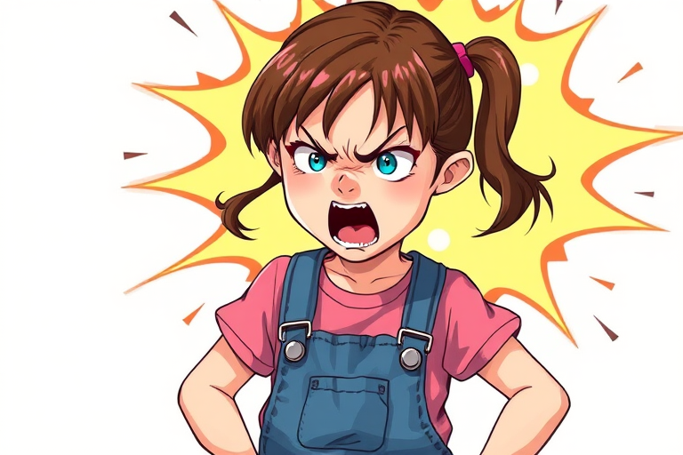 Generate an illustration of a young girl with brown hair in a pink shirt and blue overalls, expressing anger with an open mouth and a vibrant explosion graphic behind her, using a digital art style with high resolution, focal length 35mm, aperture f/8, and soft lighting to enhance detail and vibrancy.