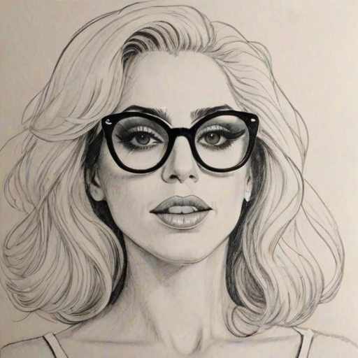 Pleasing Lady Gaga, pencil sketch, portrait of Charming woman 1974s in glasses, hair style beatnik, outline, clear lines, fine lines, 8k