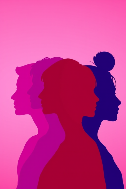 silhouette of diverse human faces in profile against a soft pink background, vibrant colors with layered depth, DSLR camera, 50mm lens, f/1.8 aperture, ISO 100, soft focus effect, side view composition, high-resolution image