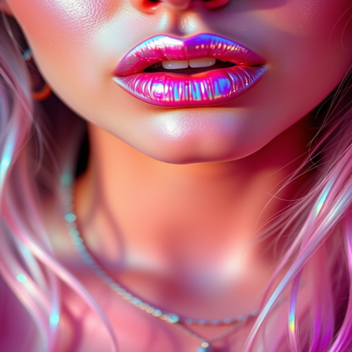 Holographic Unicorn Kiss lip style features an iridescent, multi-colored sheen that shifts in the light, perfect for festival-goers and those with a playful, adventurous spirit