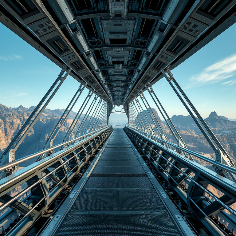 futuristic bridge in a sci-fi setting, highly detailed with metallic textures and realistic shadows, panoramic view, wide-angle lens, 50mm focal length, ISO 100, aperture f/8, high dynamic range imaging for enhanced lighting effects and depth