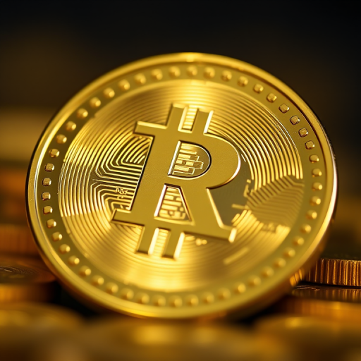 Create an image of a shiny gold coin featuring a prominent ruble symbol in the center, shot from a low angle with a macro lens, f/2.8 aperture, 1/200 sec shutter speed, and a DSLR camera, with a soft focus background to enhance detail on the coin.