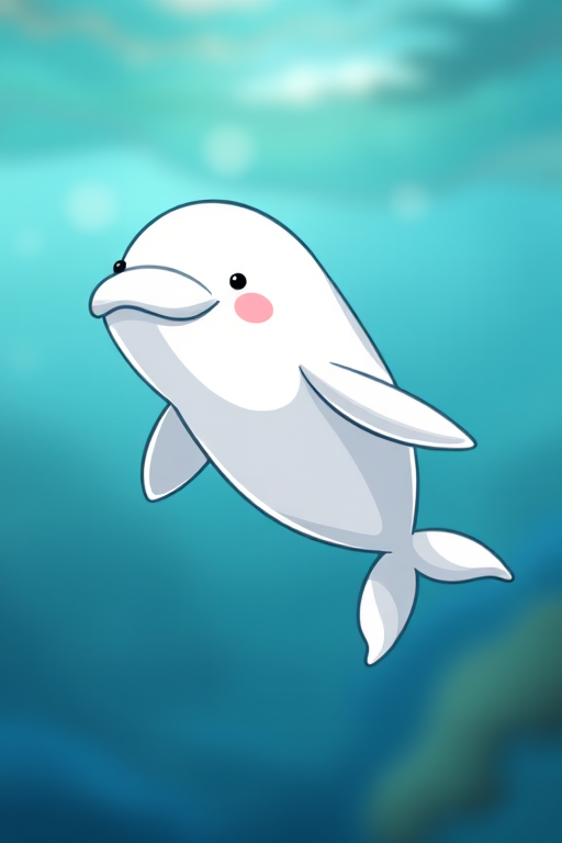Create a cartoon illustration of a happy beluga whale swimming happily in the ocean, using vibrant colors and smooth lines, captured with a DSLR camera at f/4 aperture, 50mm lens, and a shallow depth of field to enhance clarity and detail against a blurred background.
