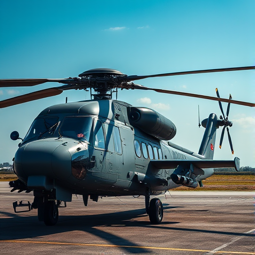 high-resolution image of a military helicopter on the ground, shot with a Canon EOS 5D Mark IV, 50mm lens, aperture f/8, shutter speed 1/250 sec, ISO 100, natural daylight, wide-angle view for enhanced detail and clarity