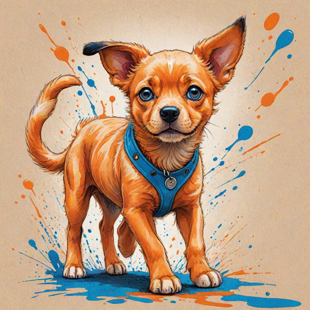 A vibrant childs coloured pencil drawn illustration of a bright orange dog with large, expressive blue eyes, a very cute style. The dog appears to be walking towards the viewer, surrounded by an abstract splash of colors and fine black lines, giving the image a dynamic and artistic flair. The background is a soft beige, highlighting the cat's vivid coloration and playful demeanor. Naively drawn scratchy line style.