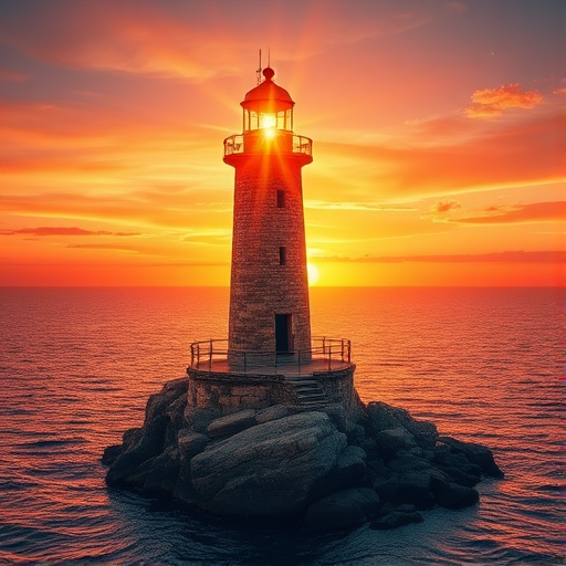 Generate an image of a tall lighthouse perched on a rocky outcrop surrounded by calm ocean waters during a breathtaking sunset. The lighthouse stands sturdy and weathered, its stone surface illuminated by the warm golden light of the setting sun. The sun's rays pass directly through the glass lantern room at the top of the lighthouse, casting a brilliant light across the scene. The sky is painted with vibrant shades of orange, pink, and purple, reflecting off the tranquil sea. The surrounding water shimmers with the same warm hues, creating a serene and majestic atmosphere.