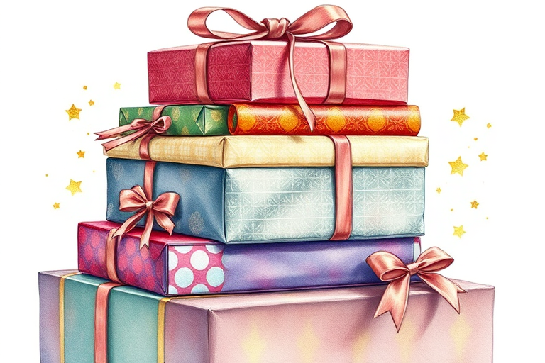 Create a highly detailed watercolor illustration of an artistic stack of six beautifully wrapped gift boxes in various colors and patterns, featuring intricate ribbon designs, shot with a Canon EOS R5 at ISO 100, f/4, 1/200s, with a soft natural light setup and a shallow depth of field to enhance the details and textures of the boxes.