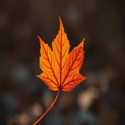 Create an illustration of a single autumn leaf in rich orange tones, captured with a Canon EOS R5 at f/2.8, 1/125s, ISO 100, with a macro lens in soft natural light for enhanced detail and texture.