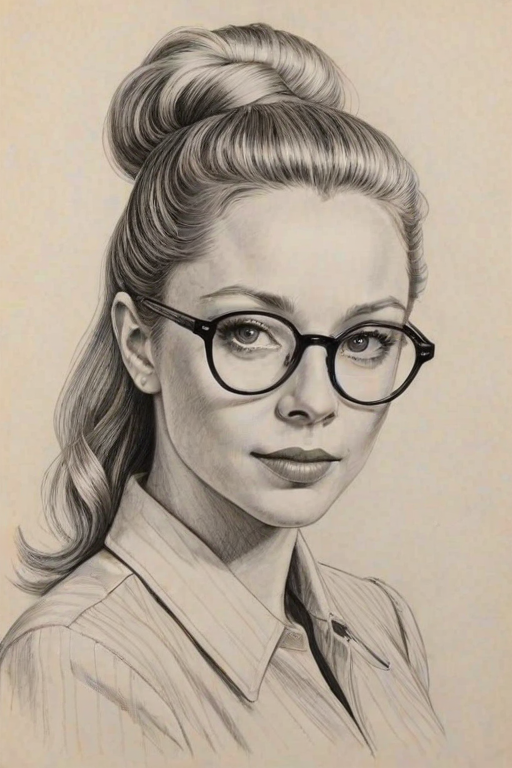 Fascinating Portia Doubleday, pencil sketch, portrait of Stunning woman 1941s in glasses, hair style beatnik, outline, clear lines, fine lines, 8k