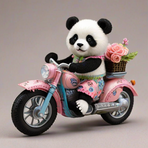 This high-resolution photograph captures a charming panda named Huahua, depicted with her distinctive black and white fur, riding a brightly colored motorcycle. Huahua is dressed in an adorable pastel-colored dress adorned with delicate frills and bows, adding a touch of whimsy to her natural charm. The dress is detailed with intricate patterns and soft textures, creating a lifelike contrast to her fluffy fur.