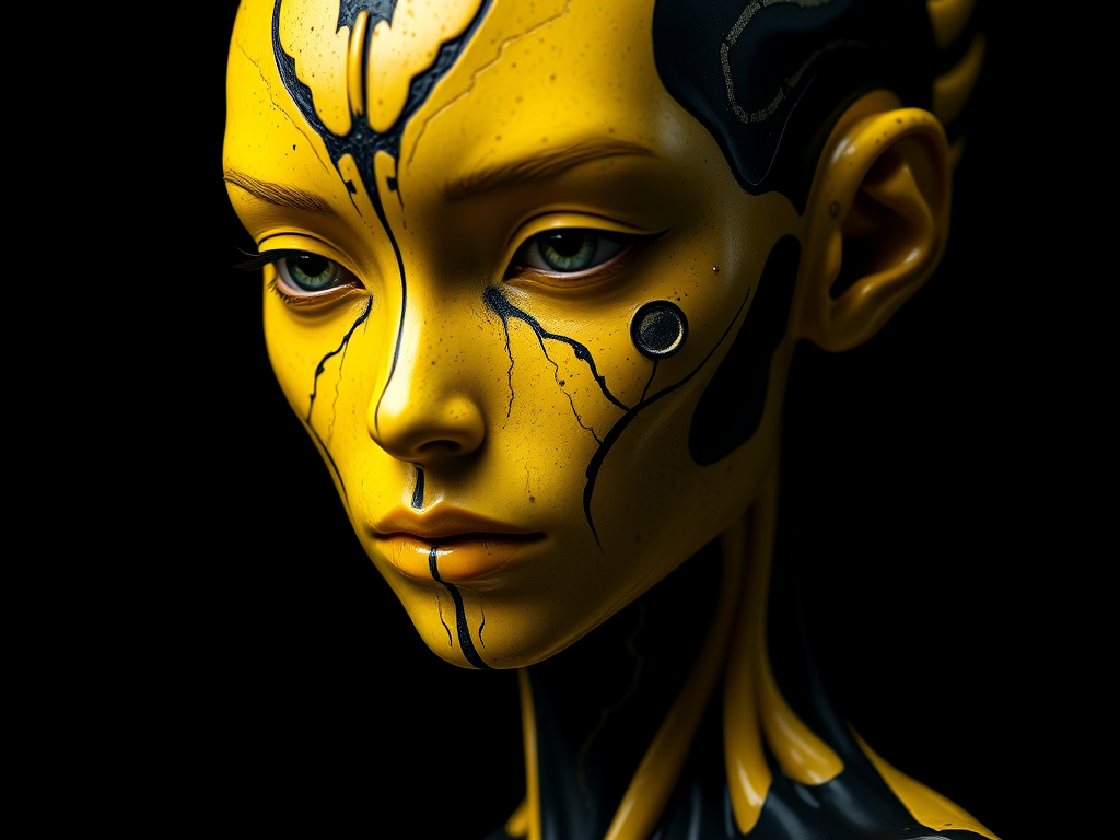 Create a detailed digital portrait of an abstract humanoid figure with vibrant yellow and black colors against a dark background, using a DSLR camera set to f/2.8, ISO 200, 50mm lens, capturing in natural light, with a focus on high contrast and texture.