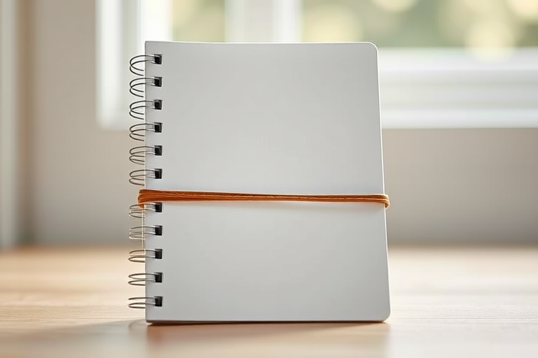 Create a realistic image of a closed white notebook with a rubber band around it, captured with a DSLR camera at f/2.8, ISO 100, 50mm lens, in natural light with a soft focus background.