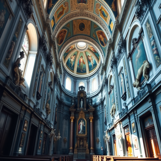 Interior of a Baroque church with ornate decorations, high ceilings, and beautiful artwork, taken with a DSLR camera, aperture f/8, ISO 100, shutter speed 1/60 sec, wide-angle view, natural lighting.