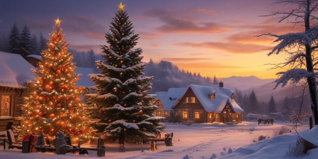 Cozy Winter Evening Scene with Festive Christmas Trees and Snowy Cabin