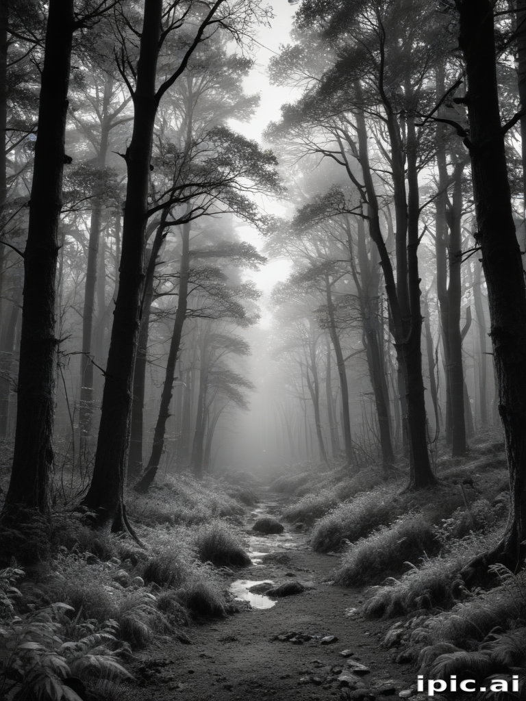 Enchanting Misty Forest Pathway Surrounded by Tall Trees and Ferns