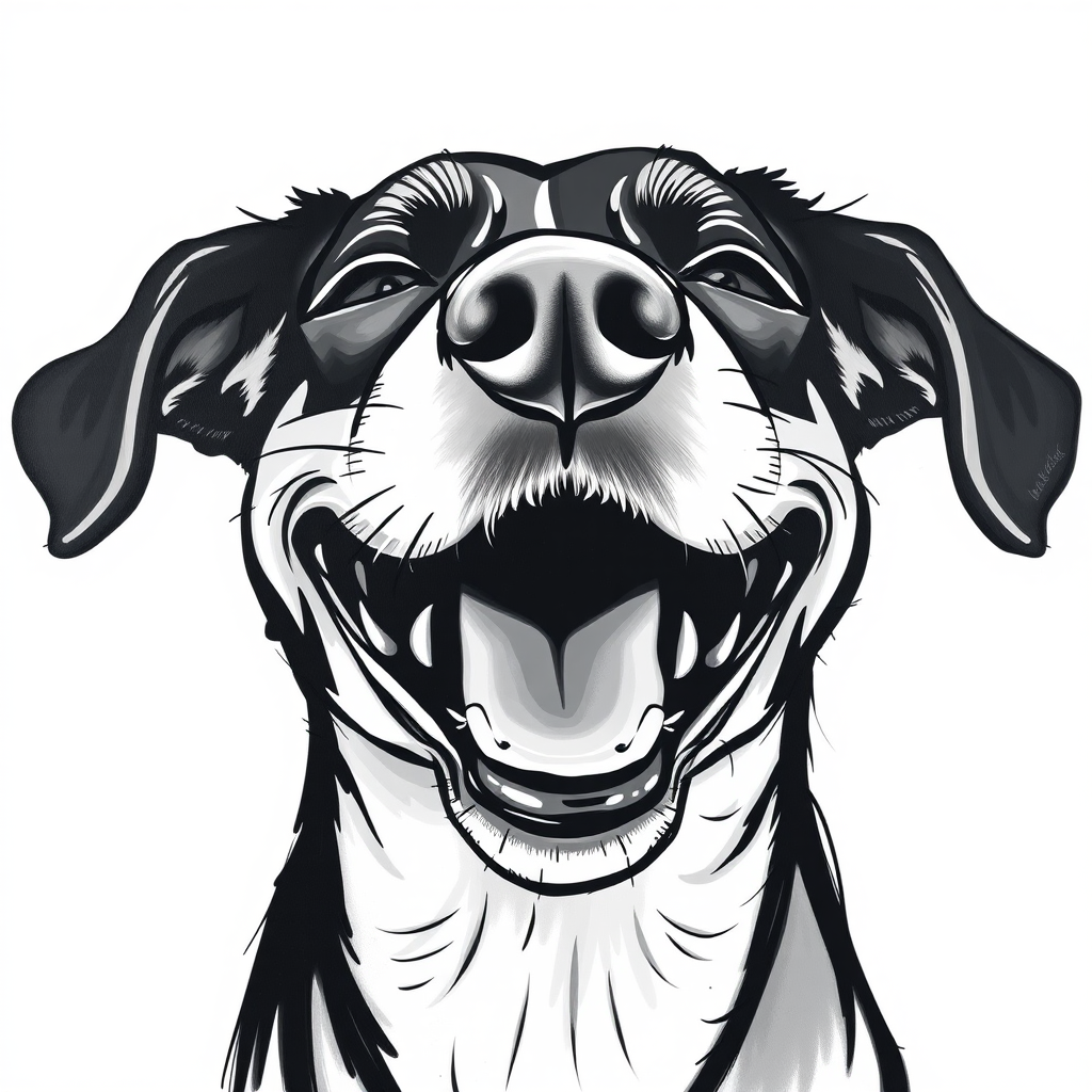 Abstract black and white acrylic portrait of an over exaggerated laughing (dog). Minimalism style. White background.