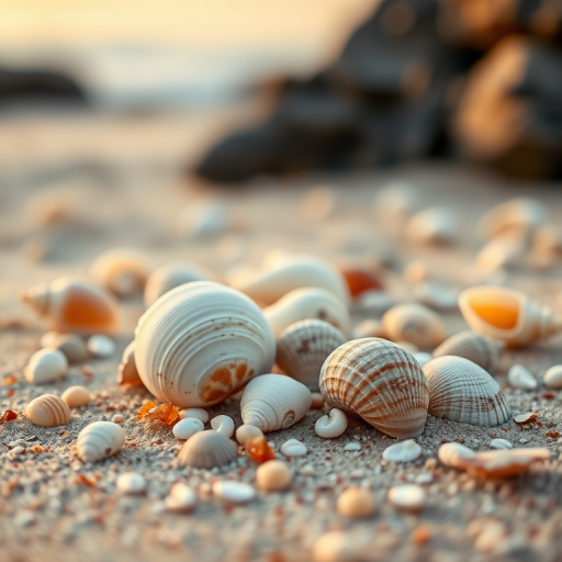 capture a close-up of various seashells on a sandy beach during golden hour with soft, diffused lighting, use a DSLR camera with a 50mm lens, aperture f/2.8, ISO 200, and a low angle perspective to enhance depth and detail in the shells