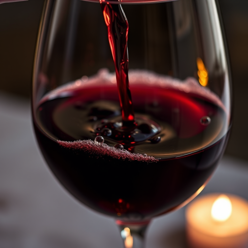 Sharp, detailed close-up of a glass of red wine being poured, tiny bubbles forming at the surface, with the soft glow of candlelight reflecting off the deep burgundy liquid.