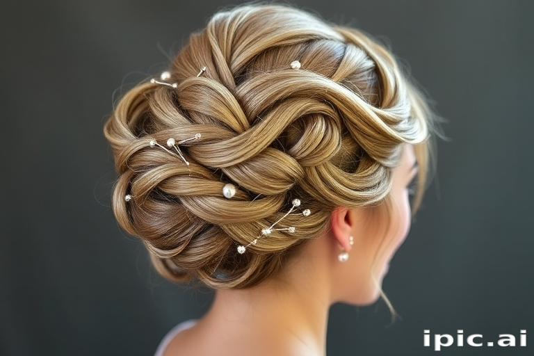 Elegant ash blonde updo called "Smoky Sophistication" features intricate twists and turns, adorned with delicate pearl pins and a subtle metallic shimmer throughout