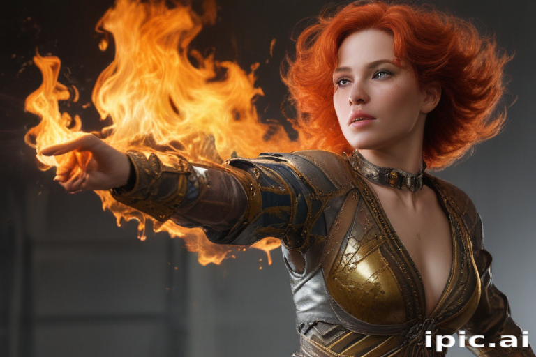 Fiery Warrior with Striking Red Hair Wielding Flames in Battle