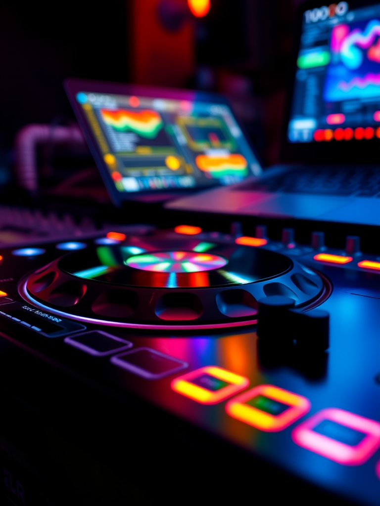 Capture a close-up of a DJ turntable and laptop with vibrant LED lights reflecting, using a DSLR camera at f/2.8 aperture, 50mm lens, 1/60 shutter speed, ISO 400, low-angle view, and vivid colors for enhanced image quality.