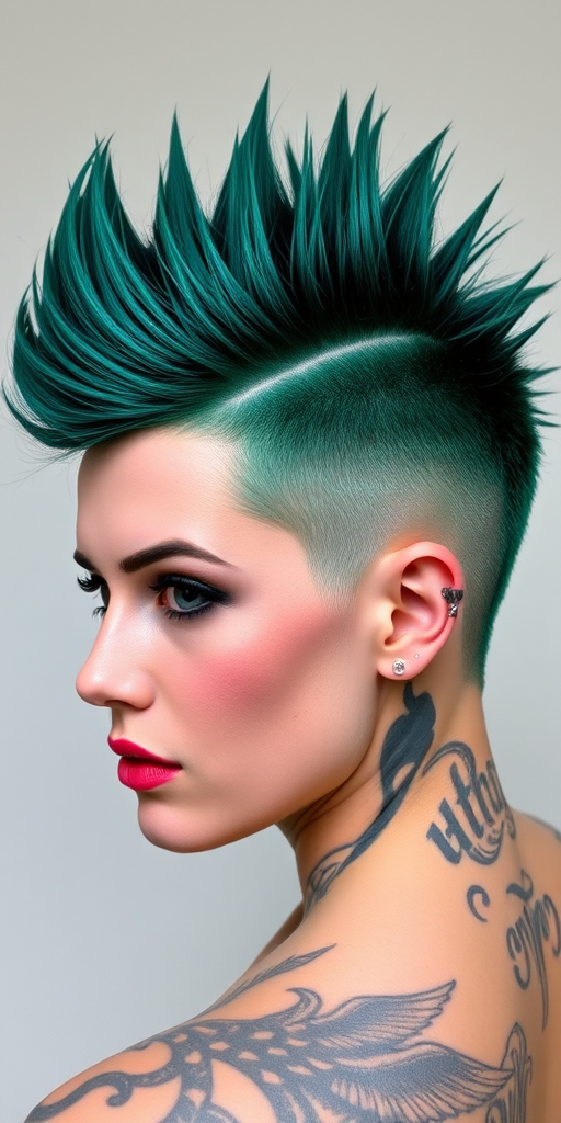 Striking faux hawk in deep emerald green, styled with textured spikes and shaved sides adorned with metallic temporary tattoos, exuding edgy punk rock vibes
