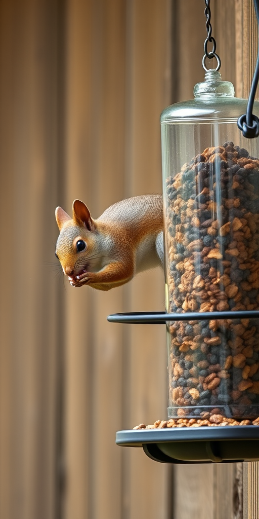 squirrel eating from a feeder hanging on a wooden wall, 85mm lens, f/4 aperture, ISO 200, shutter speed 1/200s, DSLR camera, natural light, shallow depth of field