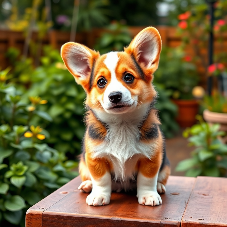 Generate an image of a cute corgi puppy with fluffy fur and big expressive eyes sitting on a wooden table in a lush green garden setting with plants and trees in the background. The corgi should have a playful and curious expression, slightly tilting its head to one side.