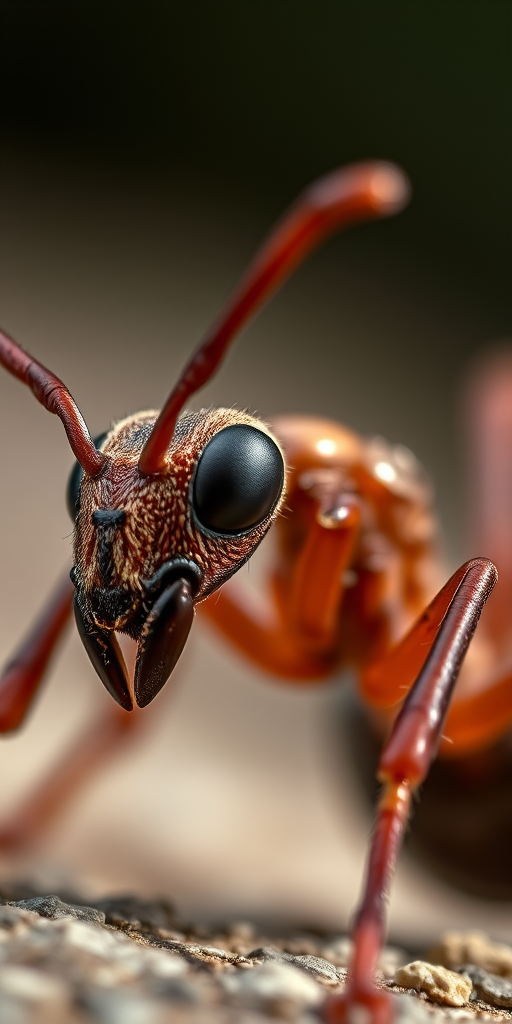 Macro shot of a detailed ant, natural lighting, aperture f/2.8, shutter speed 1/250s, ISO 100, 50mm lens, focus on texture and anatomical features, high-resolution digital photography.