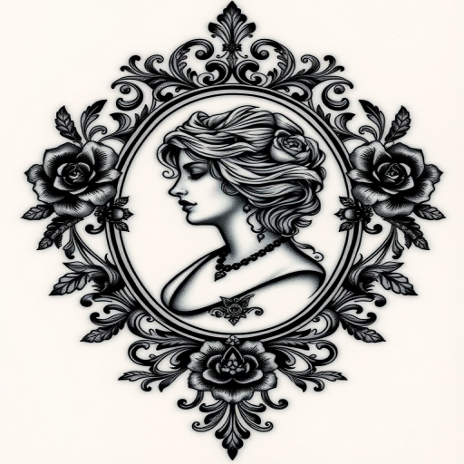 Gothic Victorian tattoo featuring an intricate cameo portrait surrounded by ornate filigree and dark floral elements, rendered in a monochromatic palette with subtle gray shading