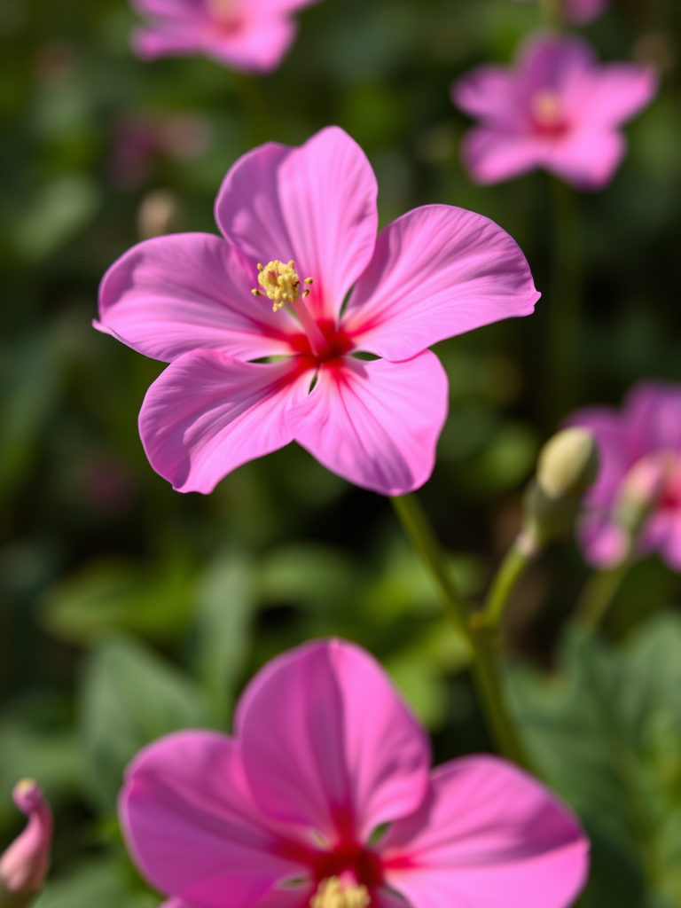 close-up of a pink flower with red center and green background, natural light, aperture f/2.8, ISO 100, shutter speed 1/200s, macro lens, shot from a low angle