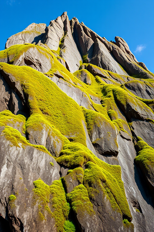 capture a large rock formation with sharp peaks and vibrant green moss covering parts of it, taken with a DSLR camera at f/8 aperture, ISO 200, 50mm lens, with a shallow depth of field and natural lighting from a low angle, emphasizing textures and details