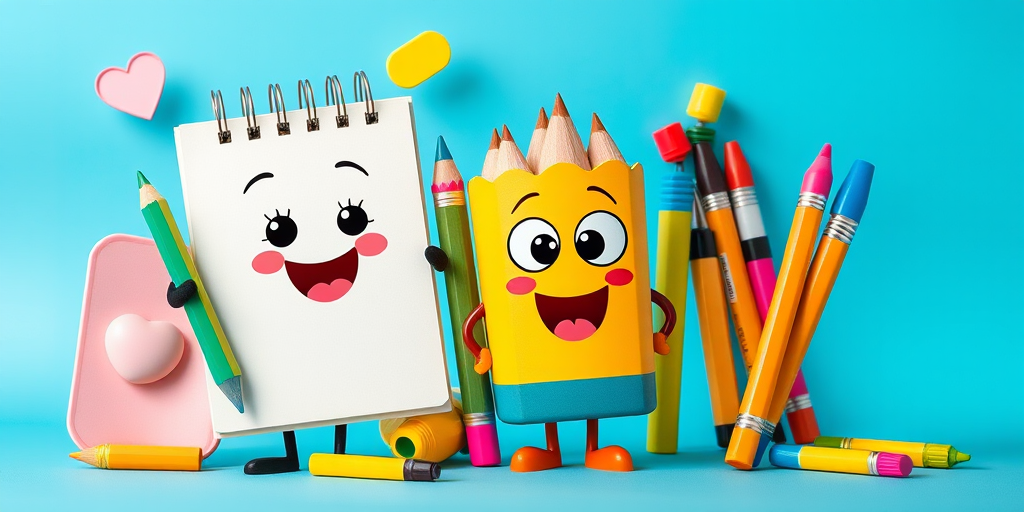 Create a colorful cartoon-style image featuring cheerful stationery characters such as a notepad, colored pencils, and markers, with a bright blue background and playful expressions, captured with a Canon EOS R5 at f/4 aperture, 1/500 second shutter speed, using a wide-angle lens for a vibrant and dynamic composition.
