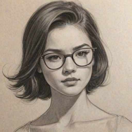 Superb Peyton Elizabeth Lee, pencil sketch, portrait of Bewitching woman 1969s in glasses, hair style beatnik, outline, clear lines, fine lines, 8k