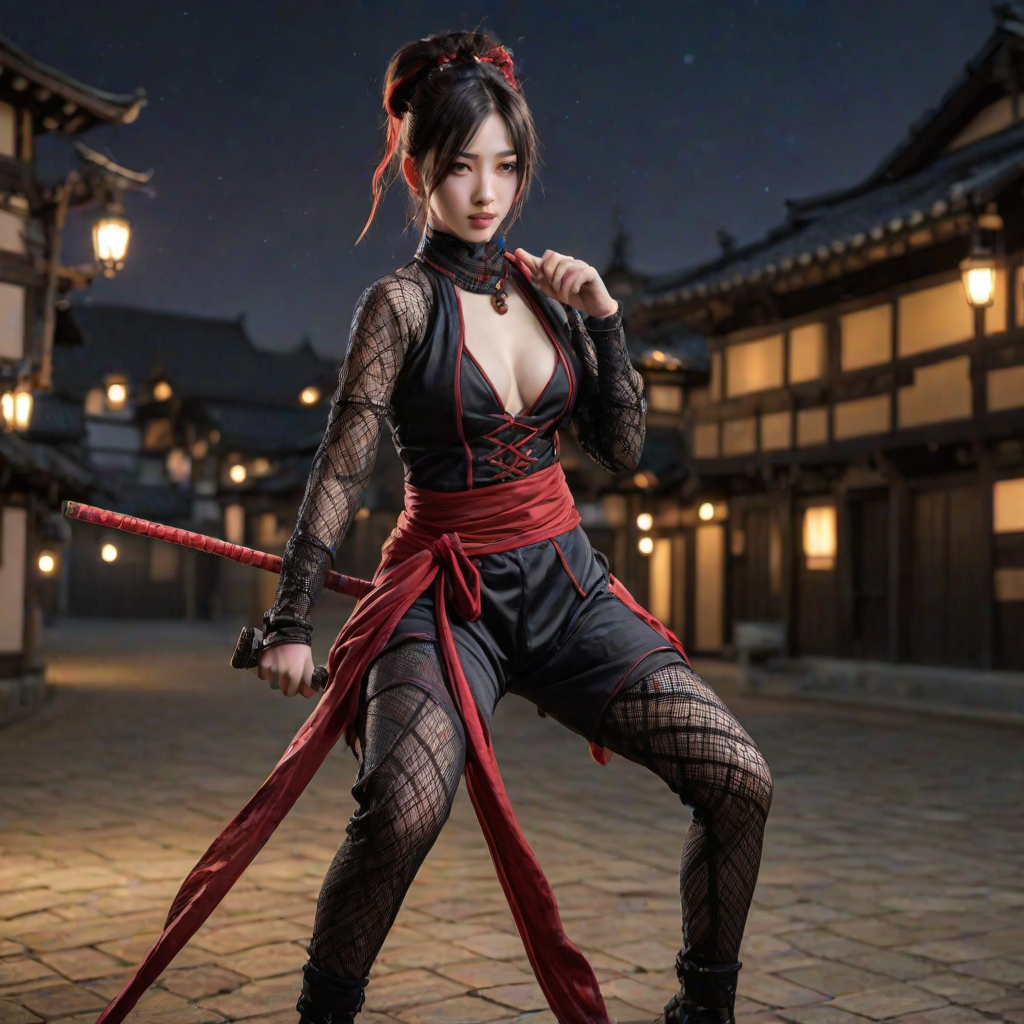 (((Cowboy shot)), (nodachi in 1hand), (((anime))), sehele style, <lora:Seunghee_Lee_Style_SDXL:0.7>, (porcelain skin:1.5), (((1woman))), (ponytail black hair:1.2), (the most beautiful red eyes:1.2), (tomboy:1.2), (((((medieval fantasy kunoichi in fullbody fishnet suit))))), purple scarf, (((ready to fight pose))), female shinobi, ninja, (((dynamic pose))), (((dynamic angle))), moonlit, 8k, 16K, trending on pixiv, fanbox, skeb, masterpiece, detailed face, smooth soft skin, beautiful intricate colored hair, digital painting, (((at night))), (((Japanese rooftops background)))