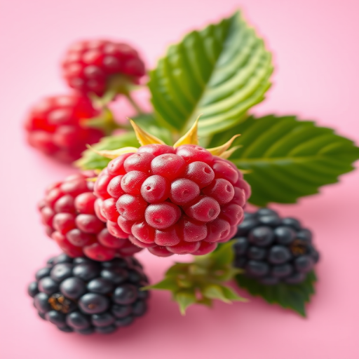 regenerate a vibrant illustration of raspberries and blackberries with a smooth pink background, focus on texture details, use a Canon EOS R5 with a 50mm f/1.2 lens, aperture at f/4 for sharpness, ISO 100 for clarity, and a slight vignette effect to enhance depth