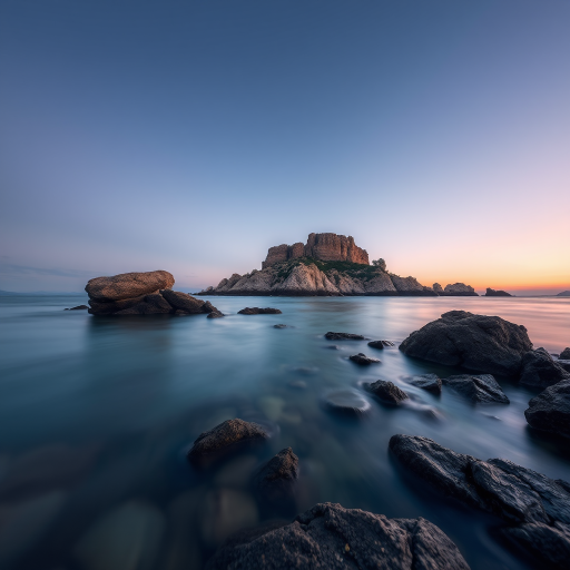 capture a serene landscape of a rocky island at sunset with calm waters in the foreground and a gradient sky, use a Canon EOS R5 with a 24mm lens, aperture f/8, ISO 100, shutter speed 1/30s, long exposure to enhance the smoothness of the water, taken from a low angle for depth and perspective