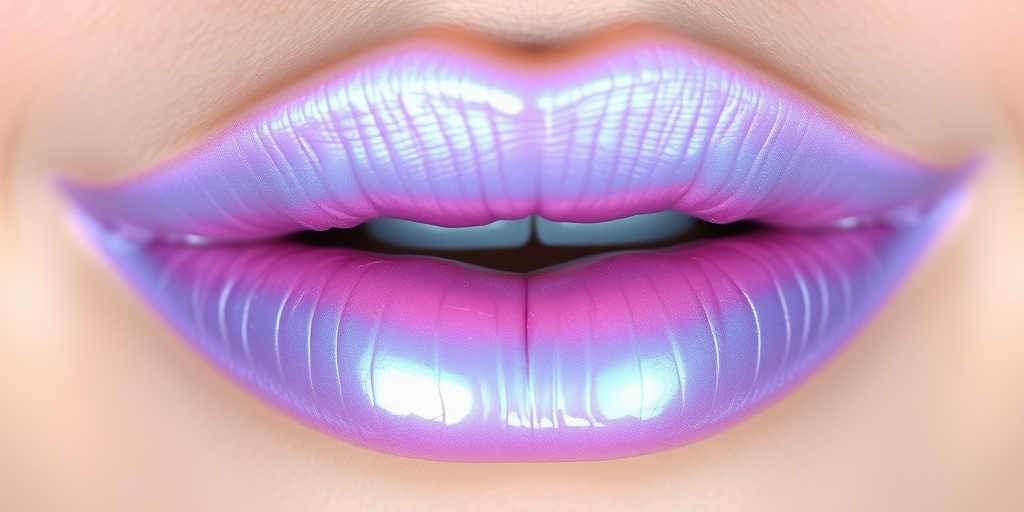 Iridescent lavender lips with a duochrome shift to pale blue, featuring a soft, diffused edge, titled "Ethereal Unicorn Dreams"