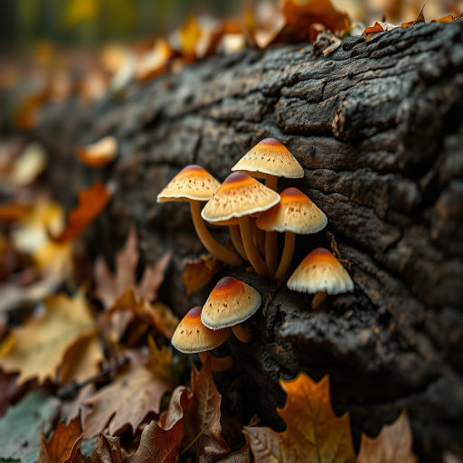 mushrooms growing on a log surrounded by autumn leaves, shot with a Canon EOS R5, 50mm f/1.2 lens, aperture f/2.8, ISO 200, natural light, shallow depth of field, 45-degree angle view, vibrant colors and rich textures