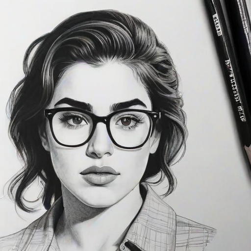 Fetching Lauren Jauregui, pencil sketch, portrait of Beauteous woman 1951s in glasses, hair style beatnik, outline, clear lines, fine lines, 8k